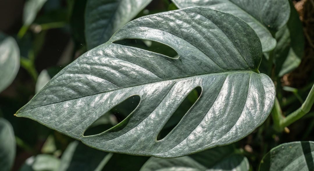 Close up of a mature Cebu Blue Pothos leaf with fenestrations