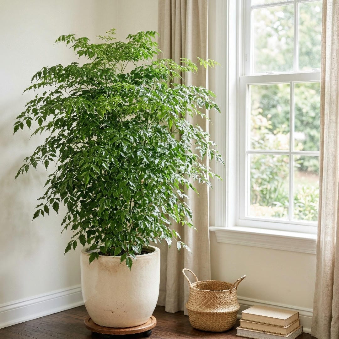 A well-shaped China Doll Plant displayed in a bright interior, showing a full canopy and healthy dark green foliage.