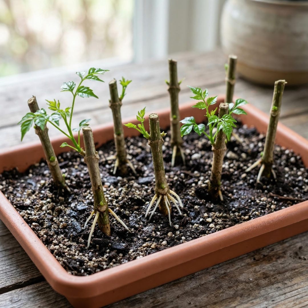 China Doll Plant stem cuttings in a propagation tray with moist mix, showing rooting nodes and fresh new growth.