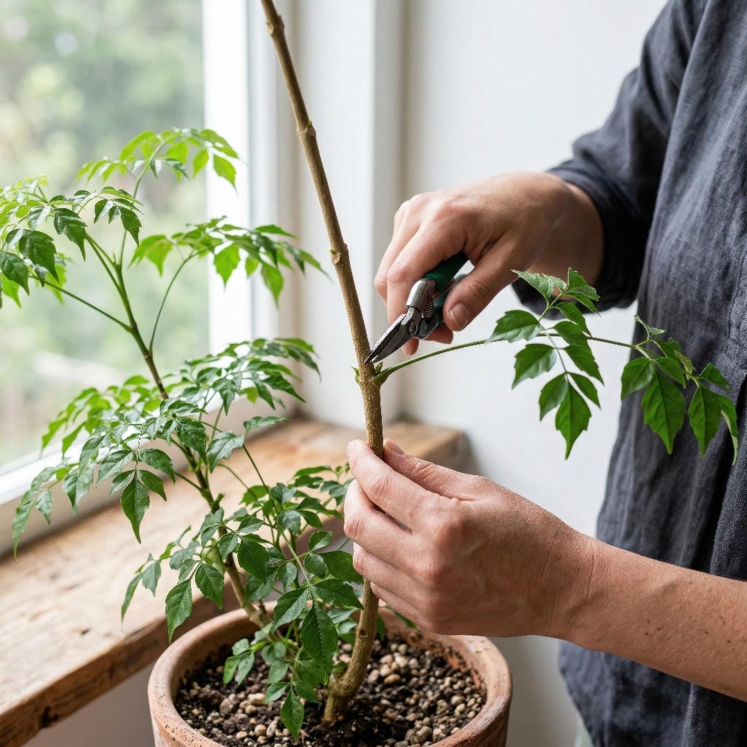 A clean pruning diagram showing where to cut a leggy China Doll Plant stem just above a node to encourage branching.