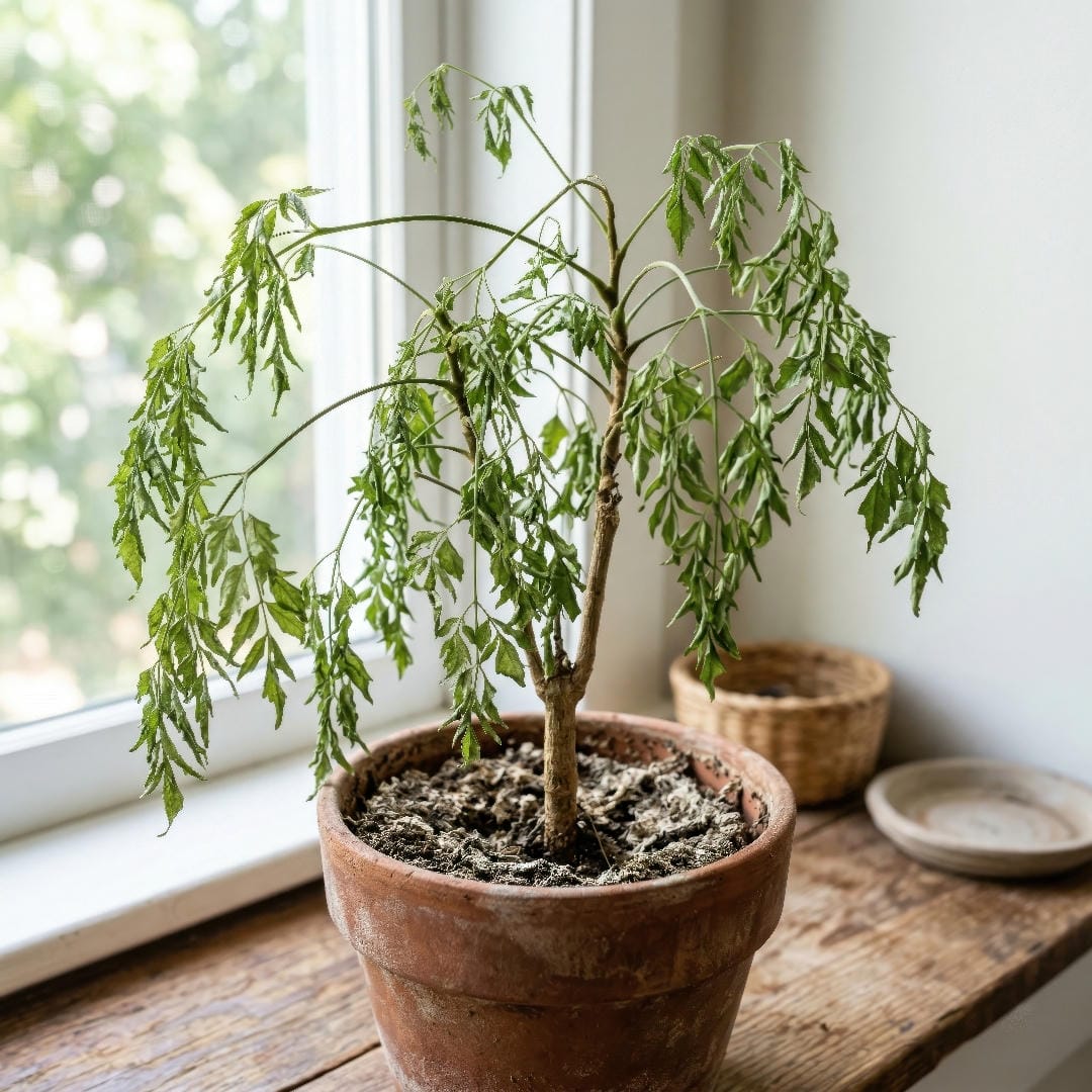 A China Doll Plant with slightly drooping, dull leaves and dry-looking potting mix, showing underwatering stress.