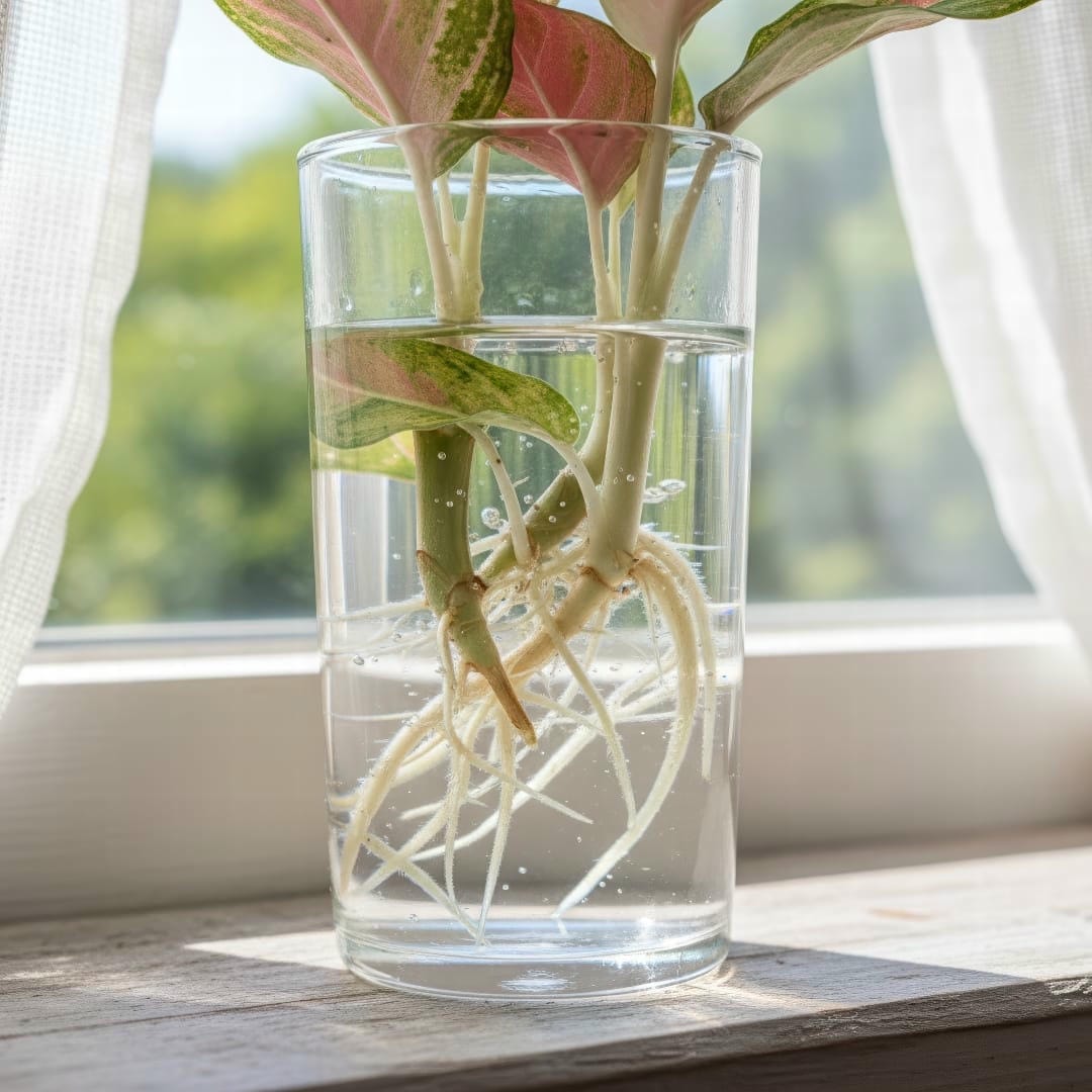 Aglaonema stem cuttings rooting in a clear glass of water.