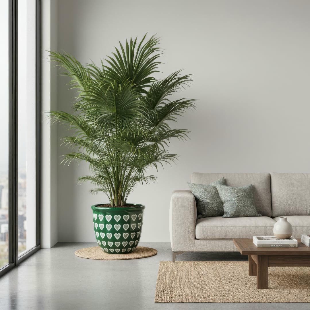 A large Chinese Fan Palm standing in a bright living room corner, adding a bold tropical element to the decor.