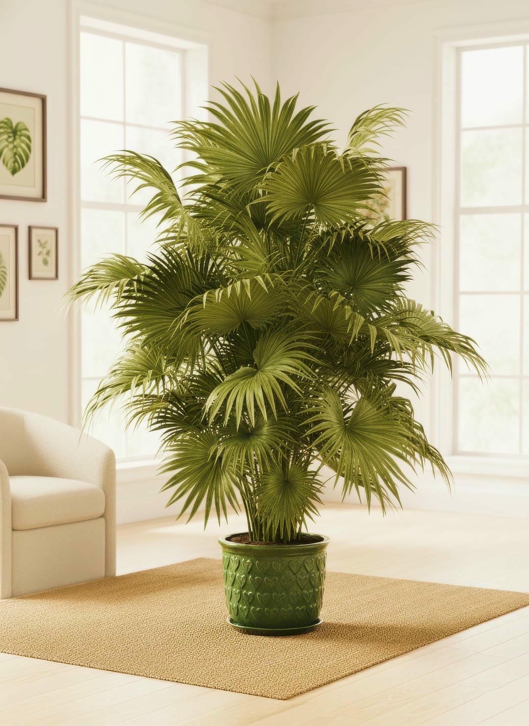 A healthy Chinese Fan Palm in a stylish ceramic pot, showing off its large green fronds.