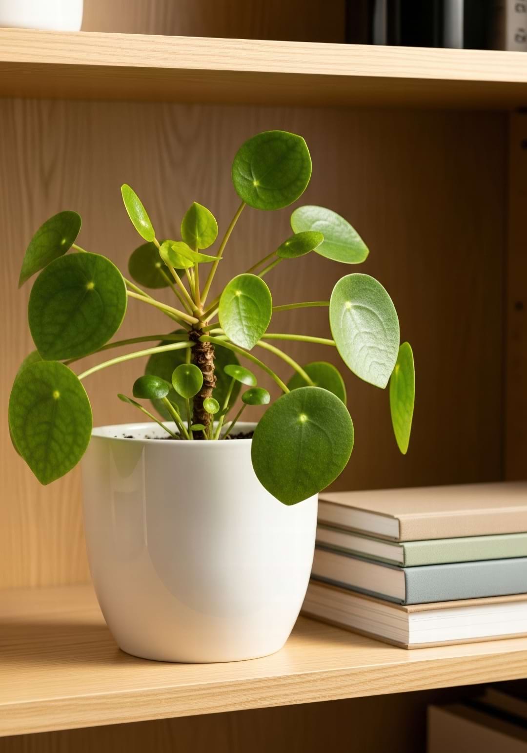 A healthy Chinese Money Plant in a minimalist white pot sitting on a bright wooden bookshelf next to books.