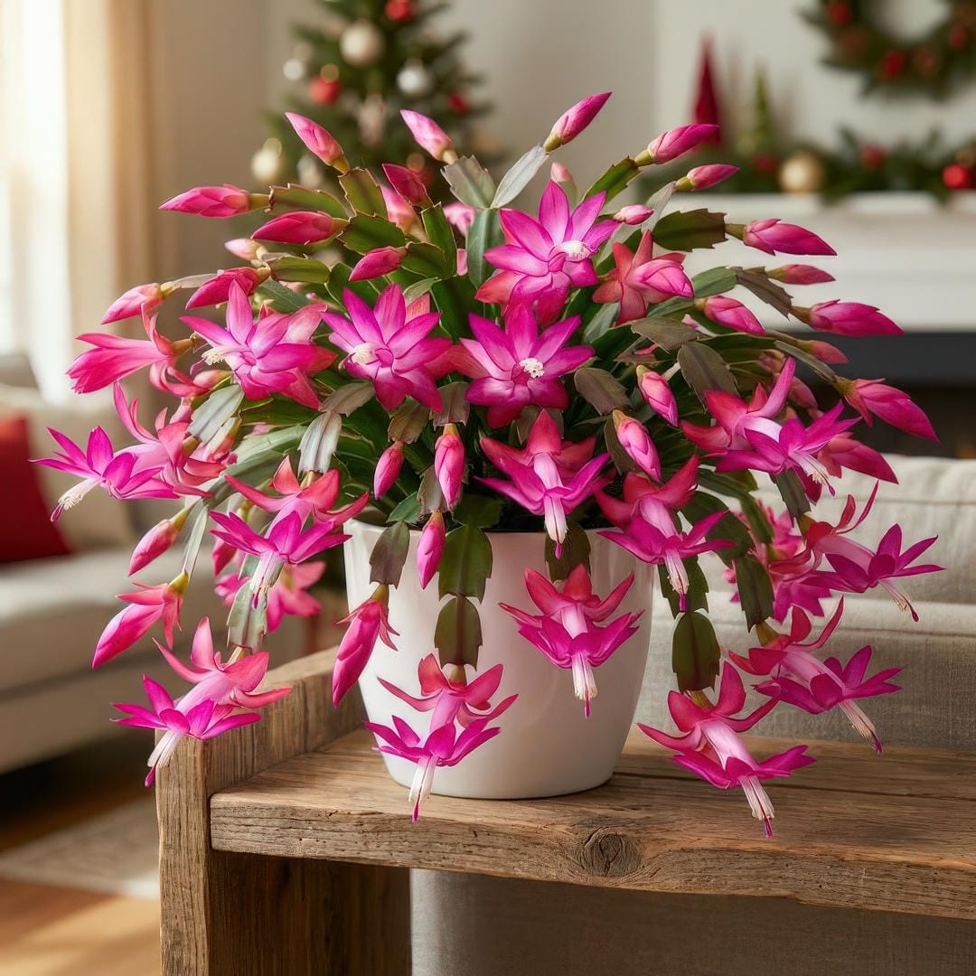 Christmas Cactus in full bloom with vibrant pink tubular flowers cascading from the stem tips in a bright indoor setting
