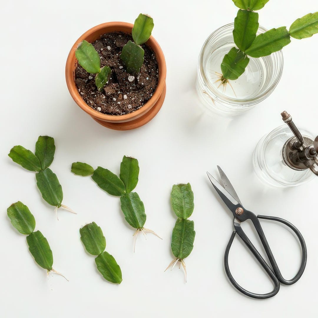 Several Christmas Cactus stem cuttings with 2-3 segments each, some with small roots developing at the base, laid out on a bright surface next to small pots of soil