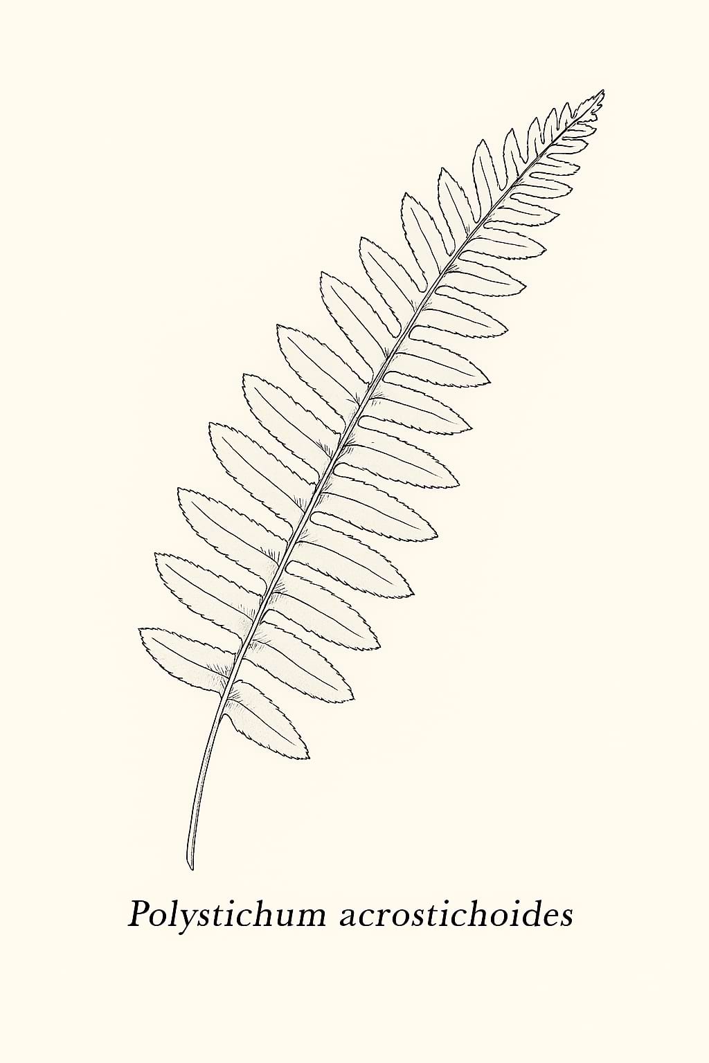 A botanical illustration of a Polystichum acrostichoides (Christmas Fern) frond, highlighting the unique stocking-like shape of each leaflet.