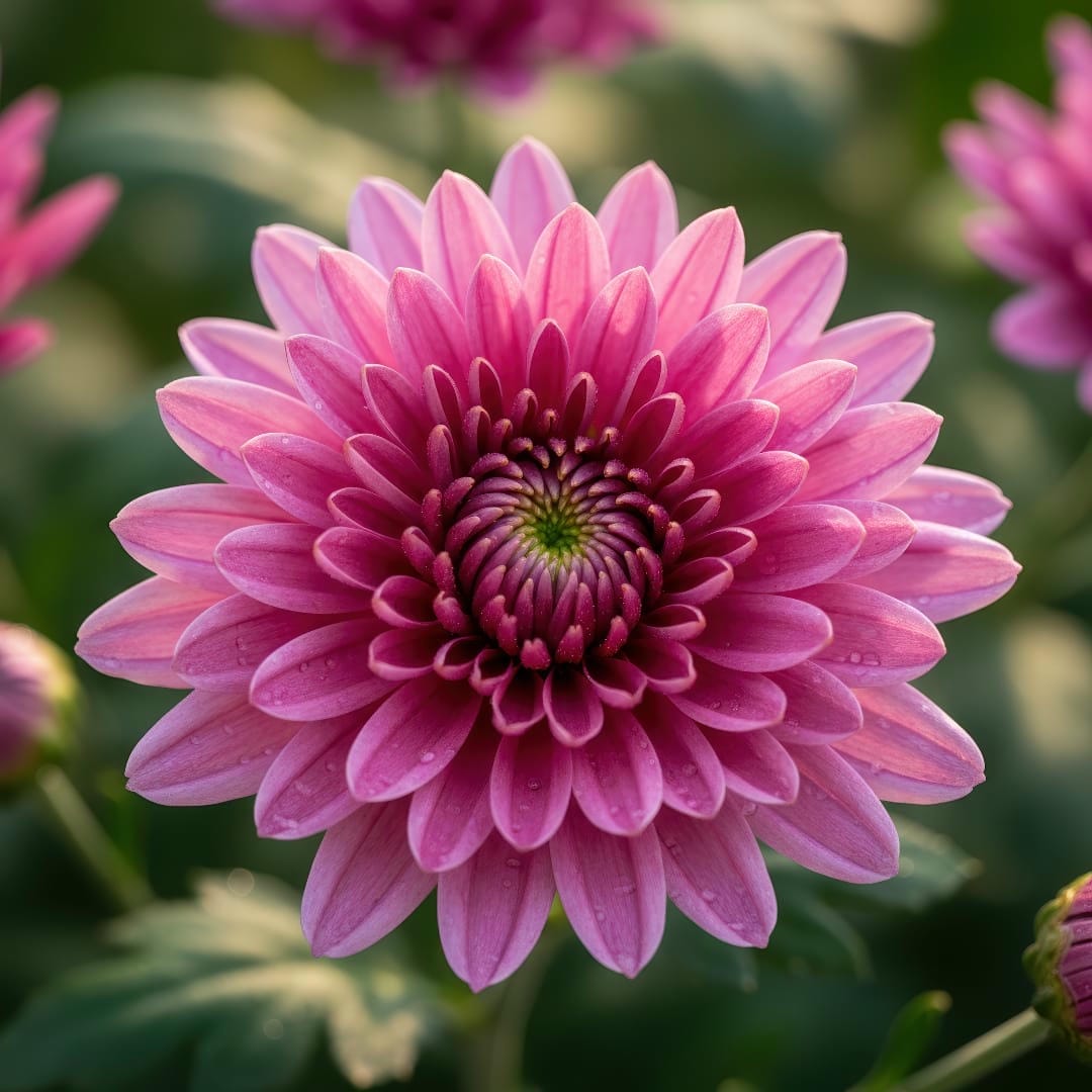 A close-up of a vibrant pink chrysanthemum in full bloom.