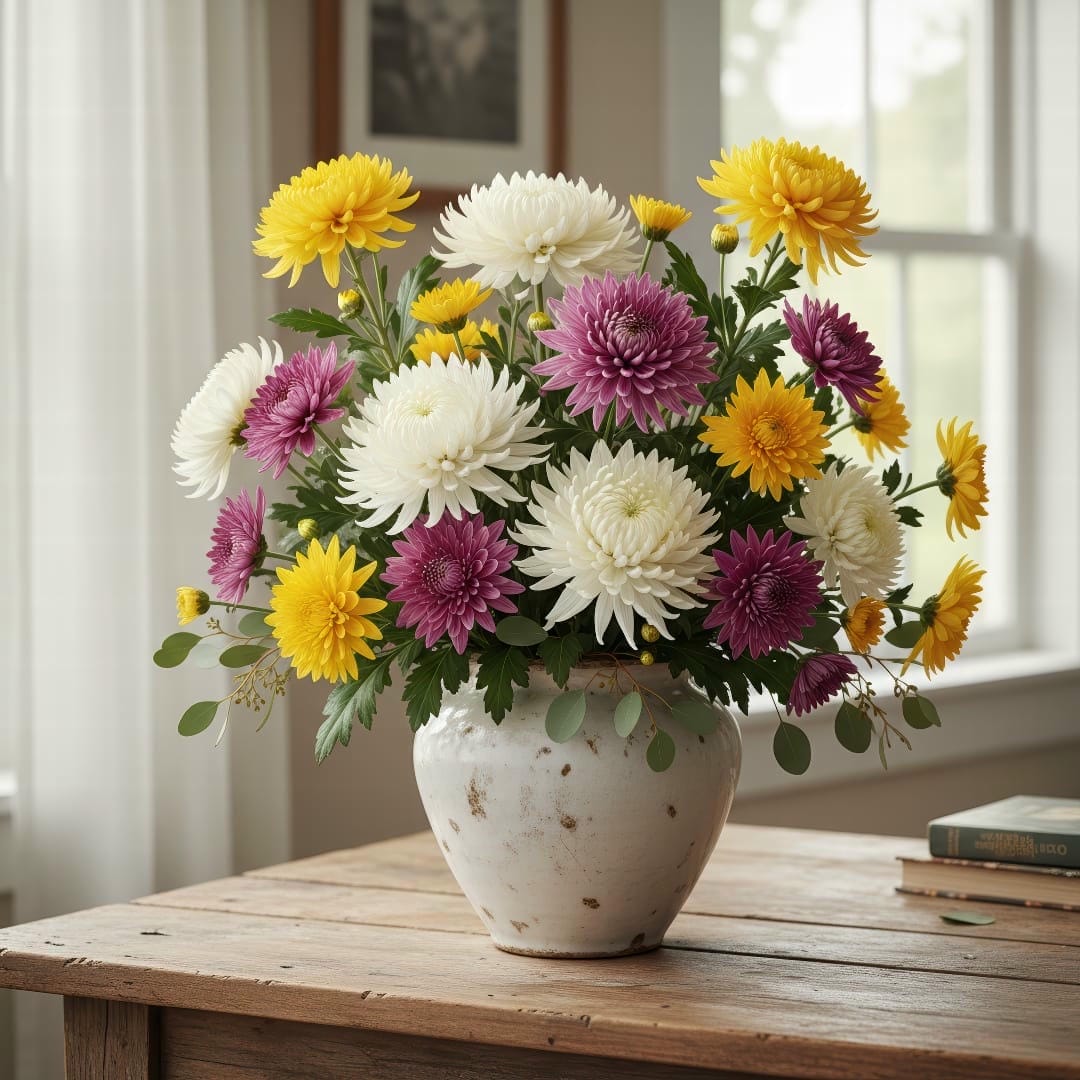 A collection of different colored chrysanthemums, including yellow, white, and purple.