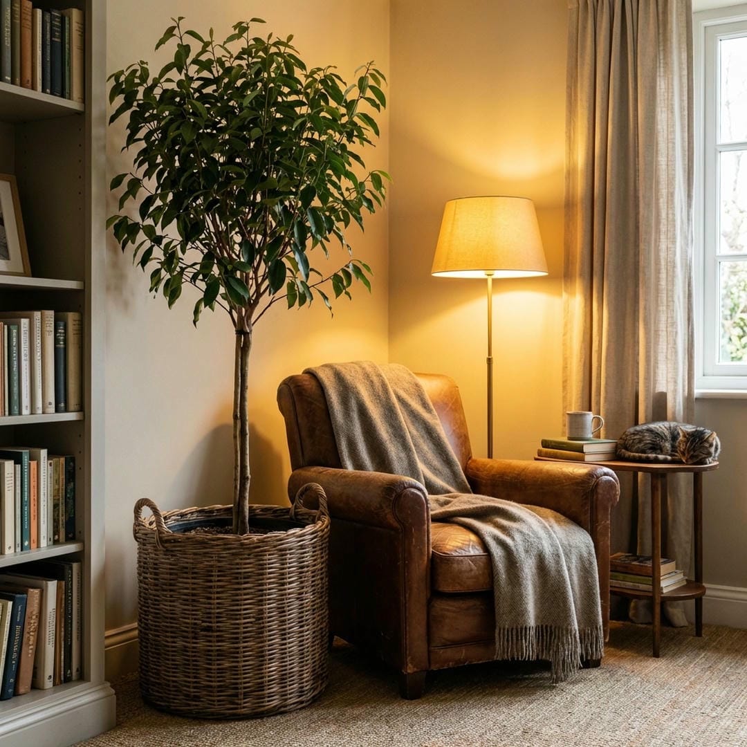 A healthy Cinnamon tree growing in a bright living room corner near a window