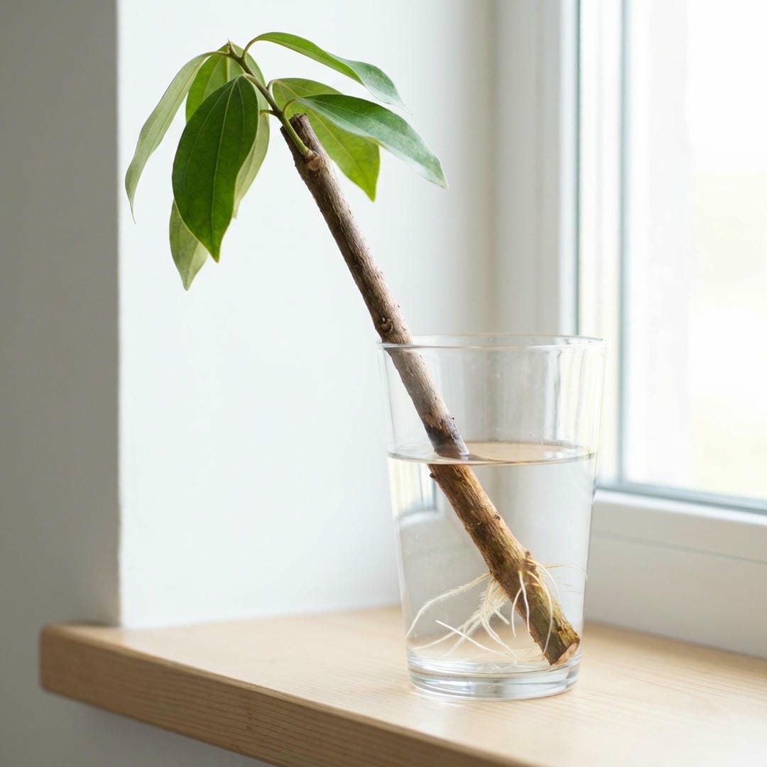 A stem cutting of a cinnamon tree rooting in water