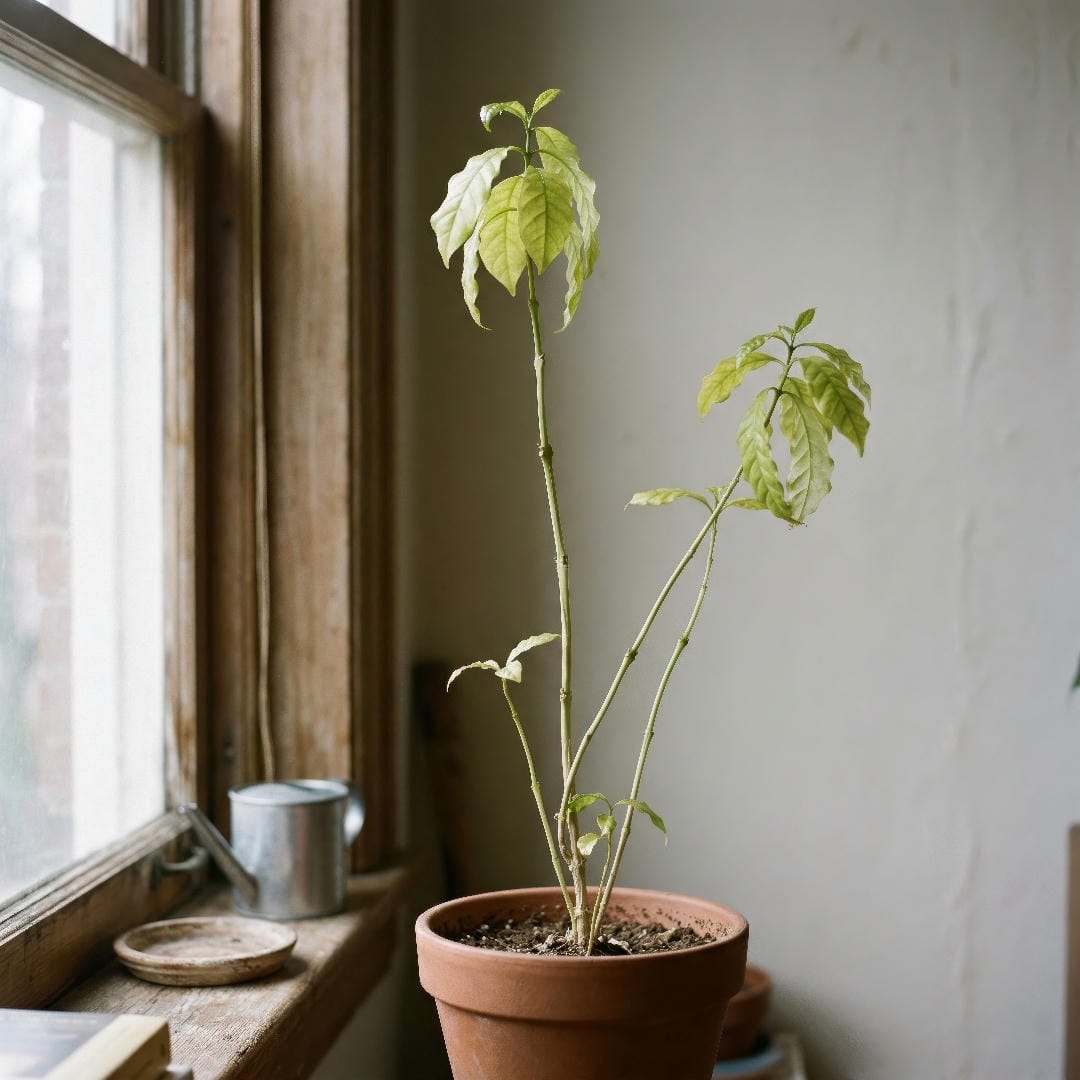 A Coffee Plant with stretched stems and sparse foliage from growing in low light.