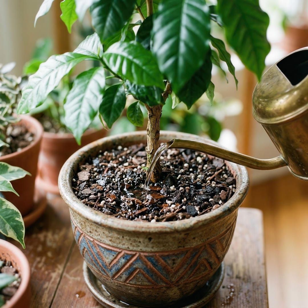 A person watering a Coffee Plant slowly at the soil line, with moisture soaking evenly into a well-draining pot.