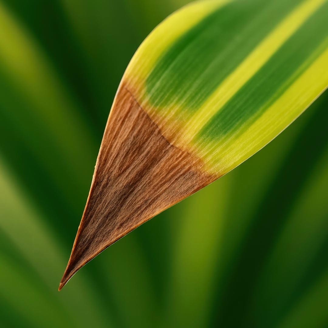 A close-up photograph of a Corn Plant leaf showing characteristic brown, dried-out tips, a common issue for this plant.