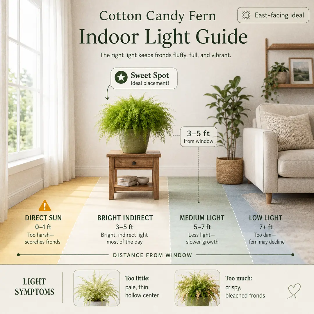 Light placement guide for Cotton Candy Fern showing ideal distance from an east-facing window with too-dark, just-right, and too-bright zones