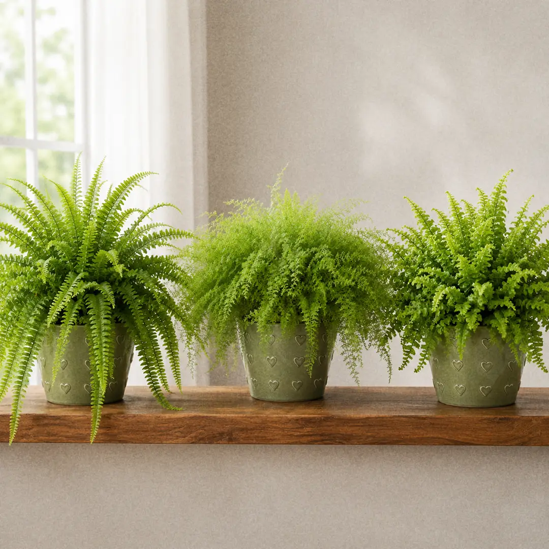 Three fluffy Nephrolepis ferns side by side in matching green ceramic pots with a heart motif: a classic Boston Fern with long arching fronds, a soft mounded Cotton Candy Fern, and a stiff upright Fluffy Ruffles Fern