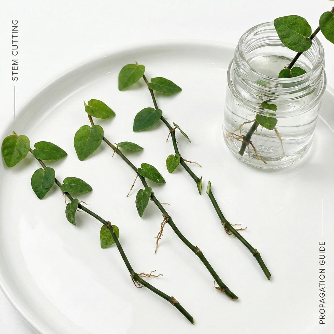 Close-up of Creeping Fig stem cuttings showing nodes, leaves, and aerial rootlets ready for propagation