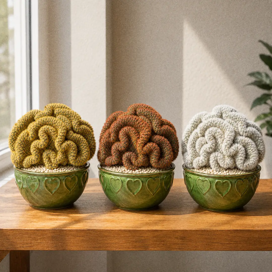Three Crested Brain Cactus plants side by side on a wooden shelf in matching green ceramic pots with a heart motif: a golden-spined crest on the left, a copper-red spined Copper King crest in the middle, and a fine white-spined pale crest on the right