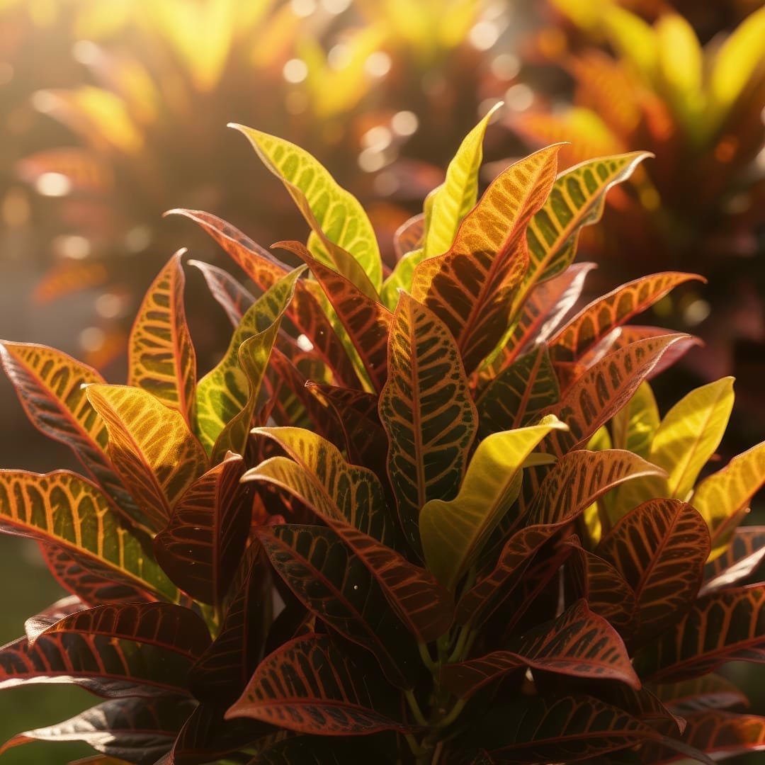 A close-up shot of a Croton plant's vibrant and colorful leaves