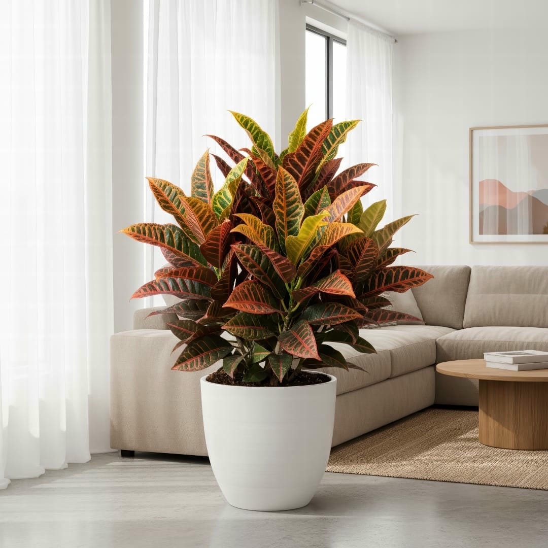 A beautifully displayed Croton plant in a modern living room