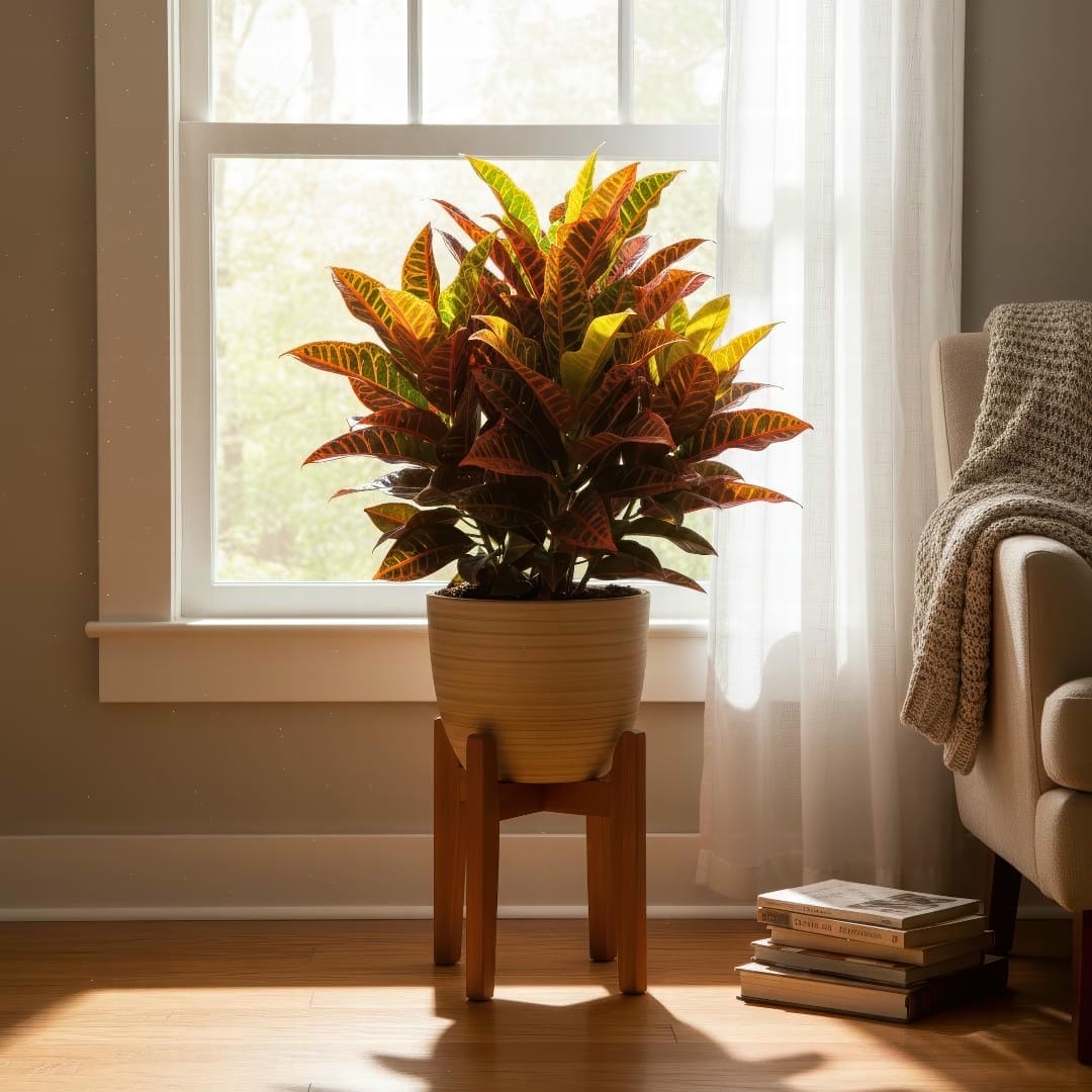 A Croton plant with vibrant leaves sitting near a sunny window