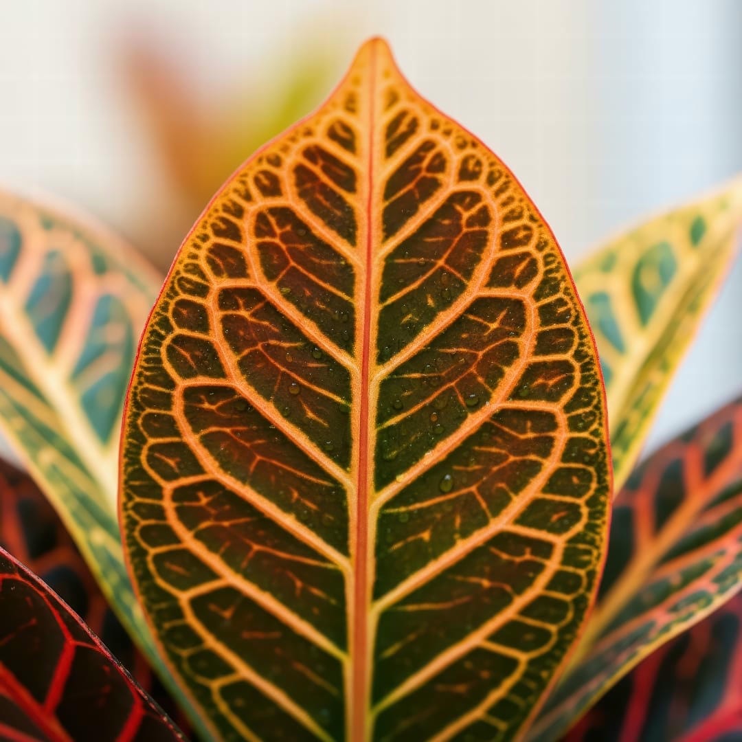 A close-up of a Croton leaf, showing its vibrant variegation of red, orange, and yellow