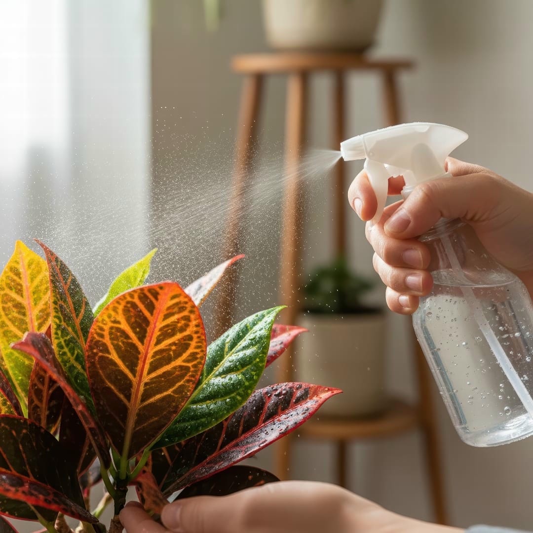 A person misting the colorful leaves of a Croton plant