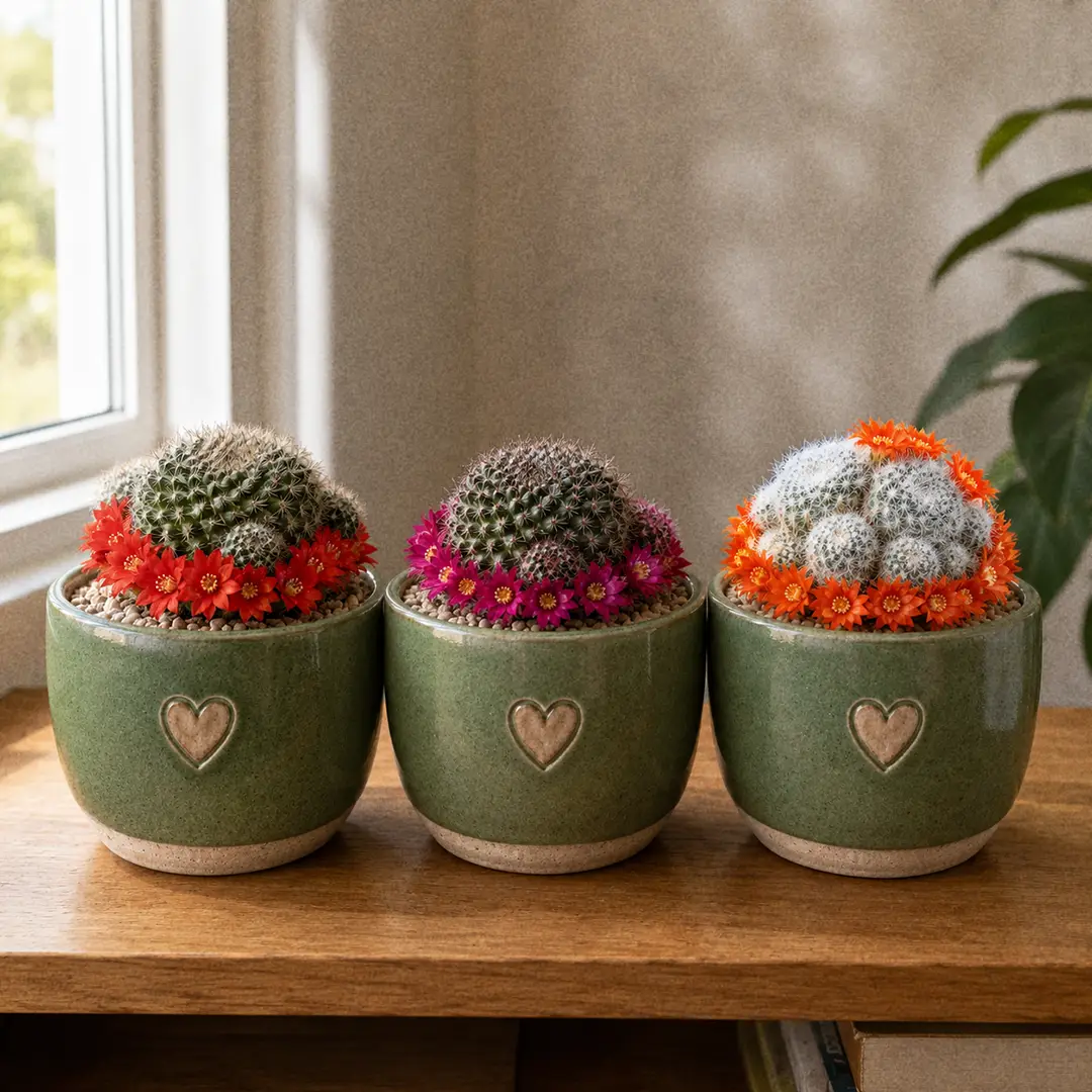 Three Rebutia varieties side by side on a wooden shelf in matching green ceramic pots with heart motifs: a scarlet-flowered Rebutia minuscula, a violet-magenta flowered form, and a white-spined orange-flowered Rebutia muscula