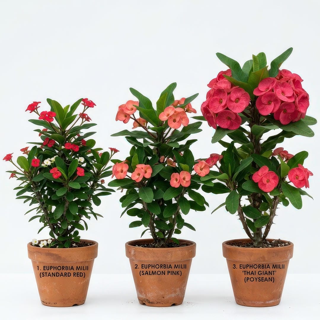Side-by-side comparison of different Crown of Thorns varieties showing the classic red-bracted Euphorbia milii next to pink and yellow Thai hybrid varieties with noticeably larger flower clusters