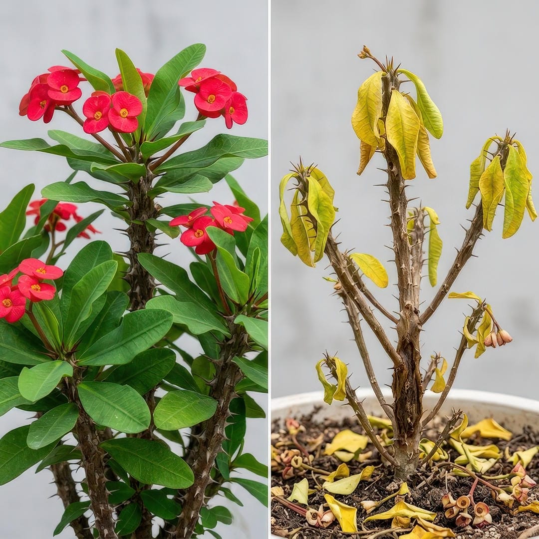 Split comparison showing a healthy Crown of Thorns stem with firm green leaves and bright flower bracts on the left and a stressed plant showing yellowing drooping leaves and bare leggy stems on the right