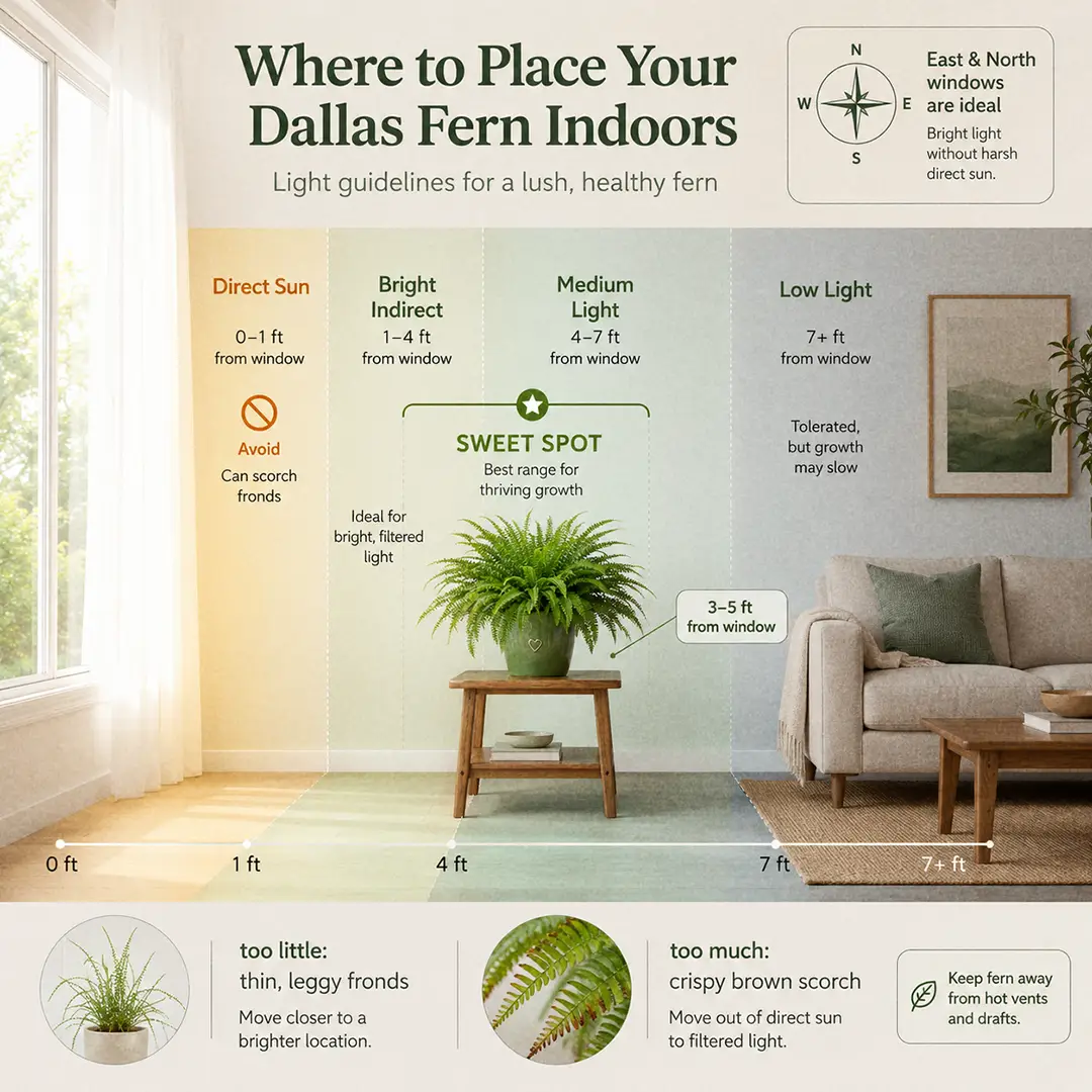 Light placement guide for a Dallas Fern showing the ideal distance from a bright window with too-dark, just-right, and too-bright zones marked