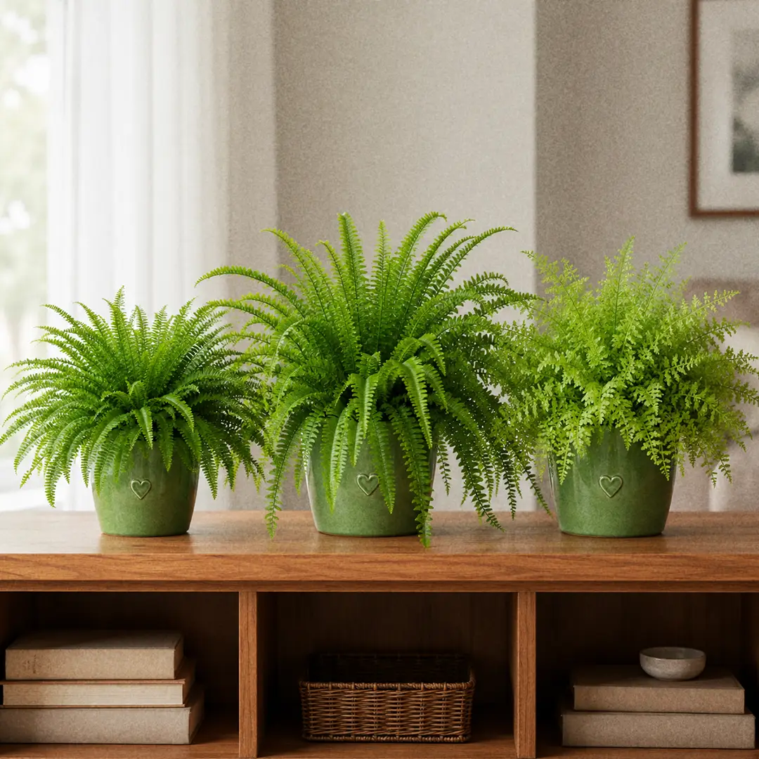 Three Boston Fern cultivars side by side in matching green ceramic pots with a heart motif: a compact Dallas Fern, an all-green classic Boston Fern, and a finely divided Cotton Candy Fern