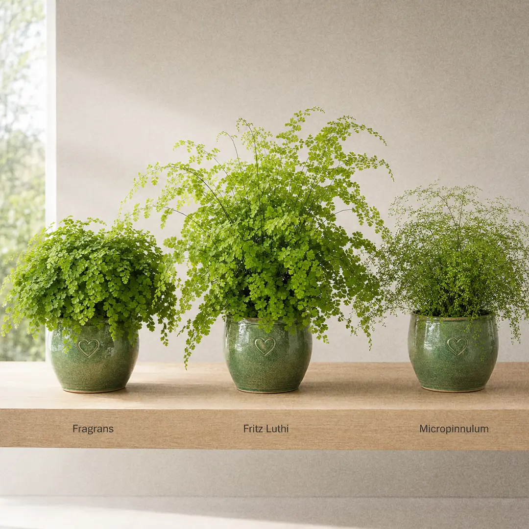 Three Delta Maidenhair Fern cultivars side by side on a light wooden shelf in matching green ceramic pots with heart motifs: on the left the dense classic Fragrans with rounded leaflets, in the center the larger vigorous Fritz Luthi with broader arching fronds, and on the right the extremely finely divided lace-like Micropinnulum with tiny leaflets, all against a neutral out-of-focus wall