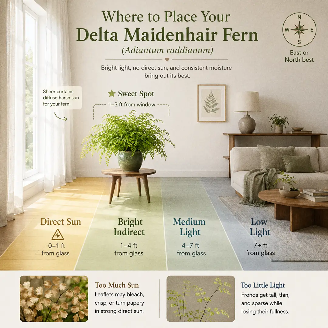 A labeled square light-zone diagram showing a Delta Maidenhair Fern in a green ceramic pot with a heart motif placed in its sweet spot on a small wooden table one to three feet from an east-facing window behind a sheer curtain, with color-washed floor zones marked direct sun, bright indirect, medium light and low light, a compass icon marking E and N as the ideal window directions, and two small thumbnails along the bottom showing bleached papery scorched leaflets from too much sun and thin sparse pale fronds from too little