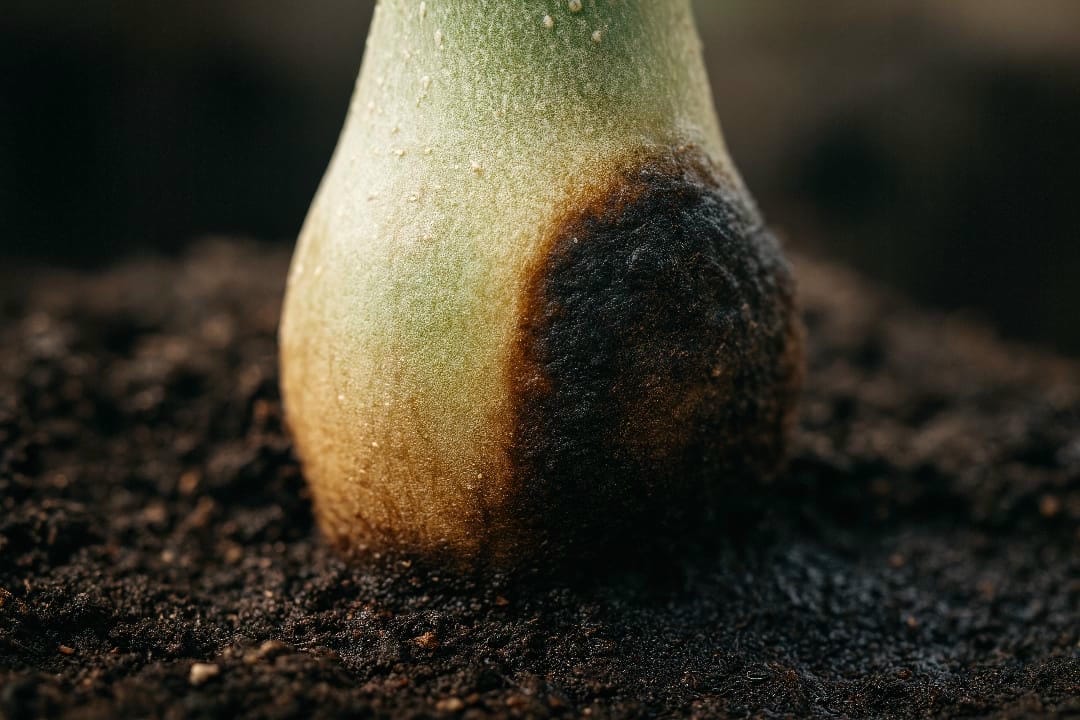 A Boob Cactus with the base of its stem turning brown and mushy, a clear sign of root rot from overwatering.