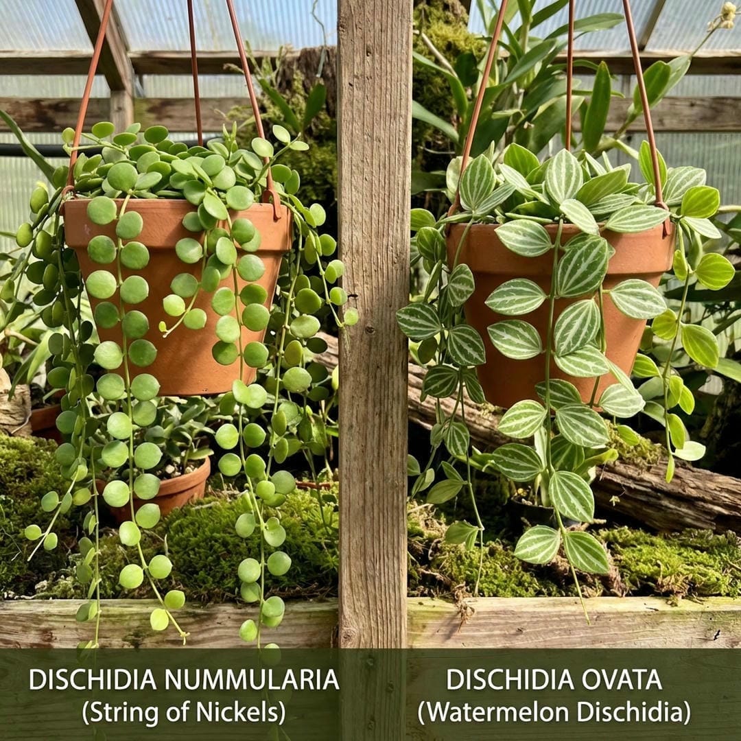 Comparison between Dischidia Nummularia and Dischidia Ovata showing leaf shape differences