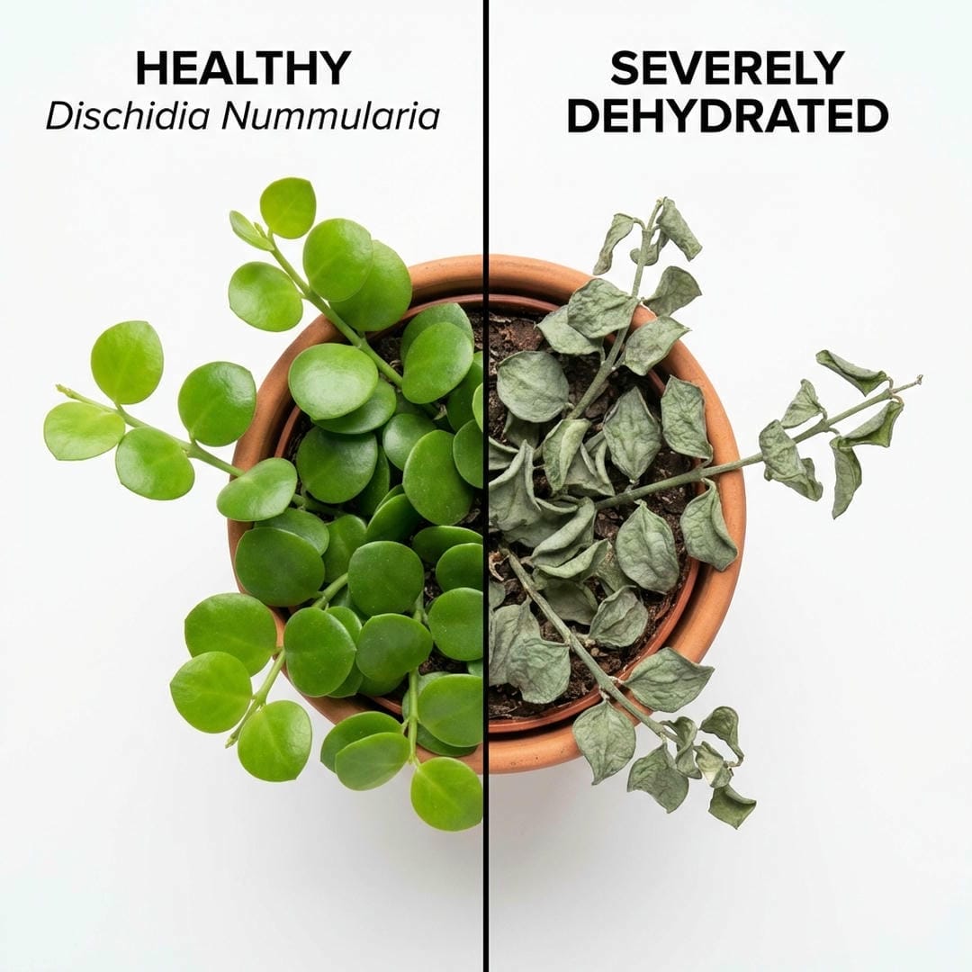 Side-by-side of healthy plump leaves compared to dehydrated shriveled Dischidia leaves