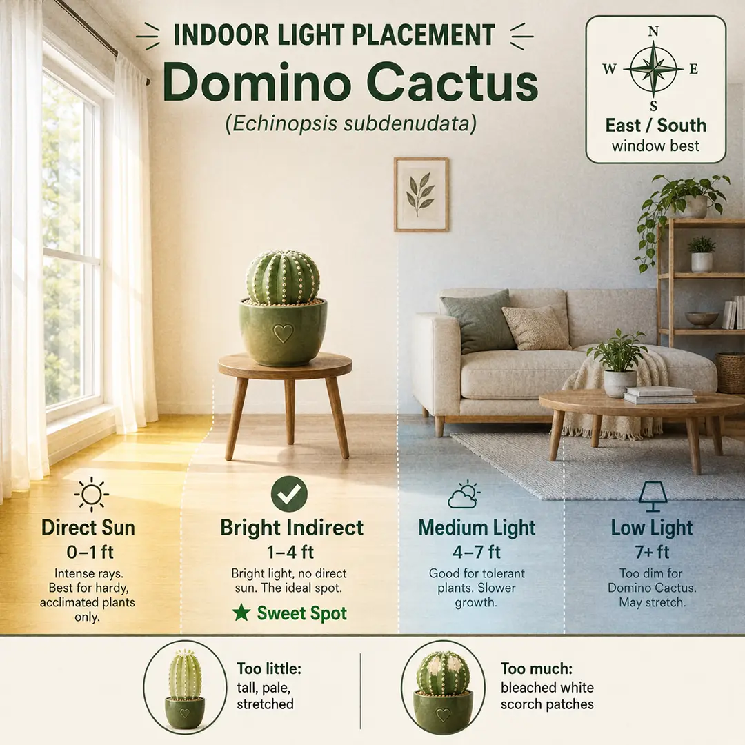A labeled light guide diagram showing where to place a Domino Cactus indoors relative to a bright east-facing window, with direct sun and bright indirect zones marked and a sweet spot highlighted