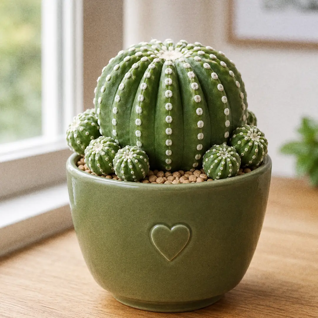 A close-up of a mature Domino Cactus showing several small round offsets, or pups, clustered around the base of the dotted main globe, ready to be removed for propagation