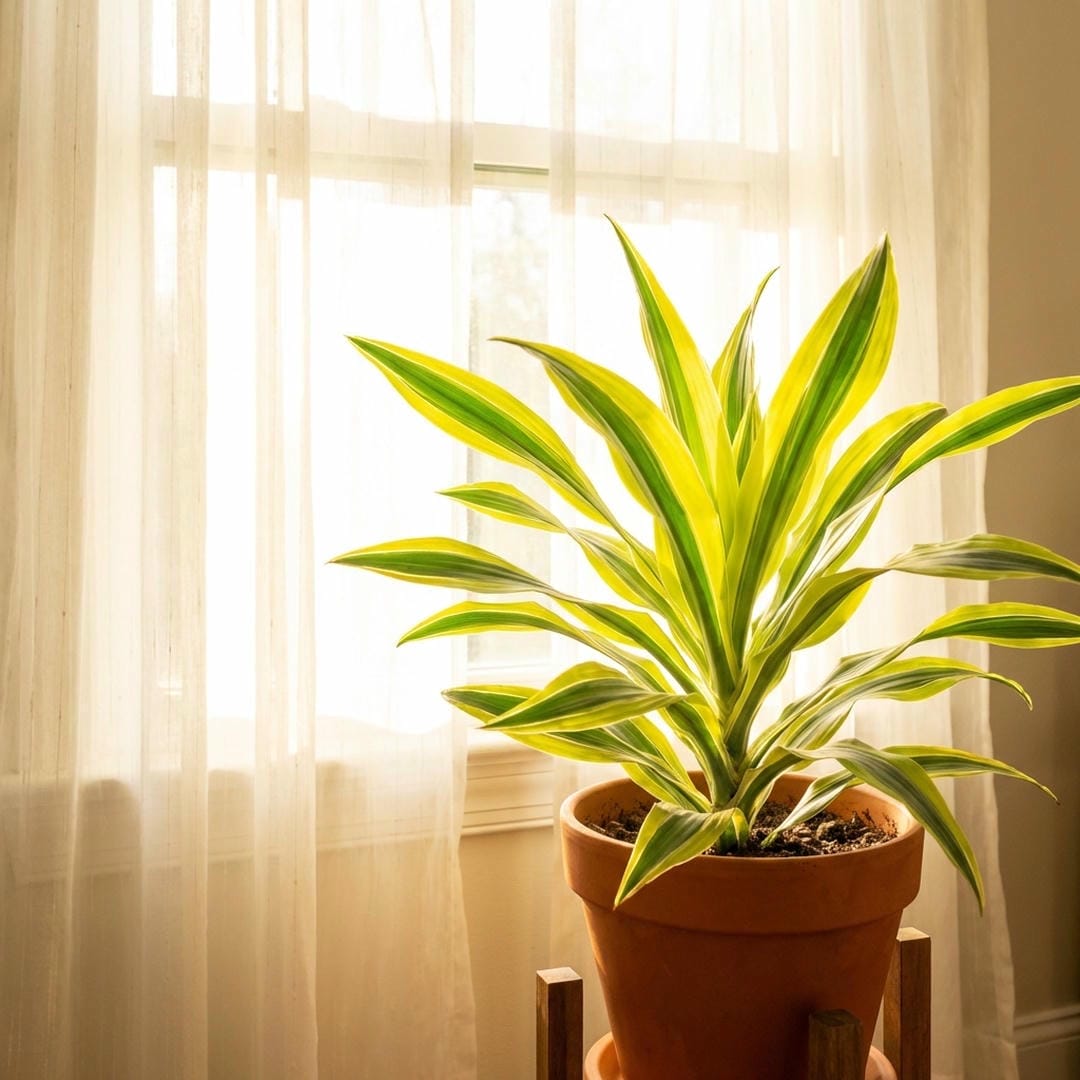 Lemon Lime Dracaena glowing in bright window light