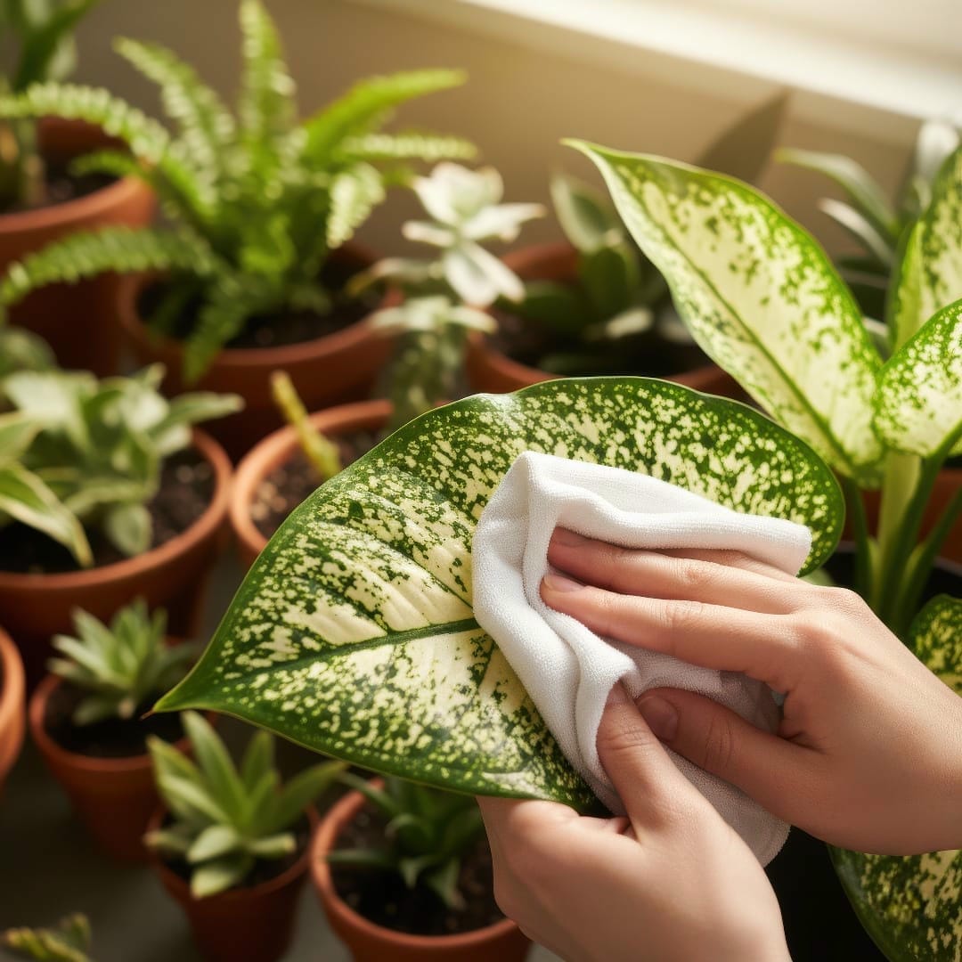 A person wiping the leaves of a Dumb Cane plant with a damp cloth