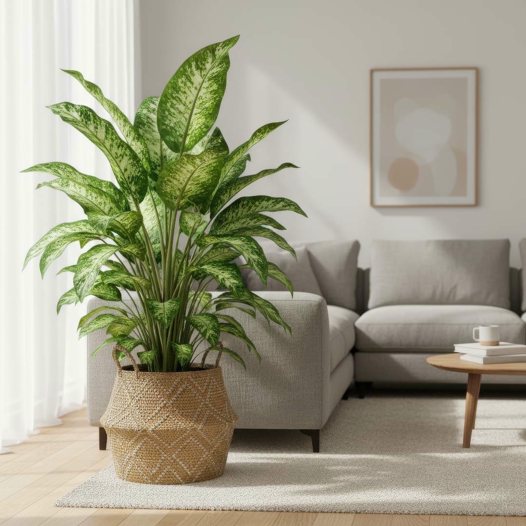 A large Dumb Cane plant in a decorative pot in a brightly lit living room