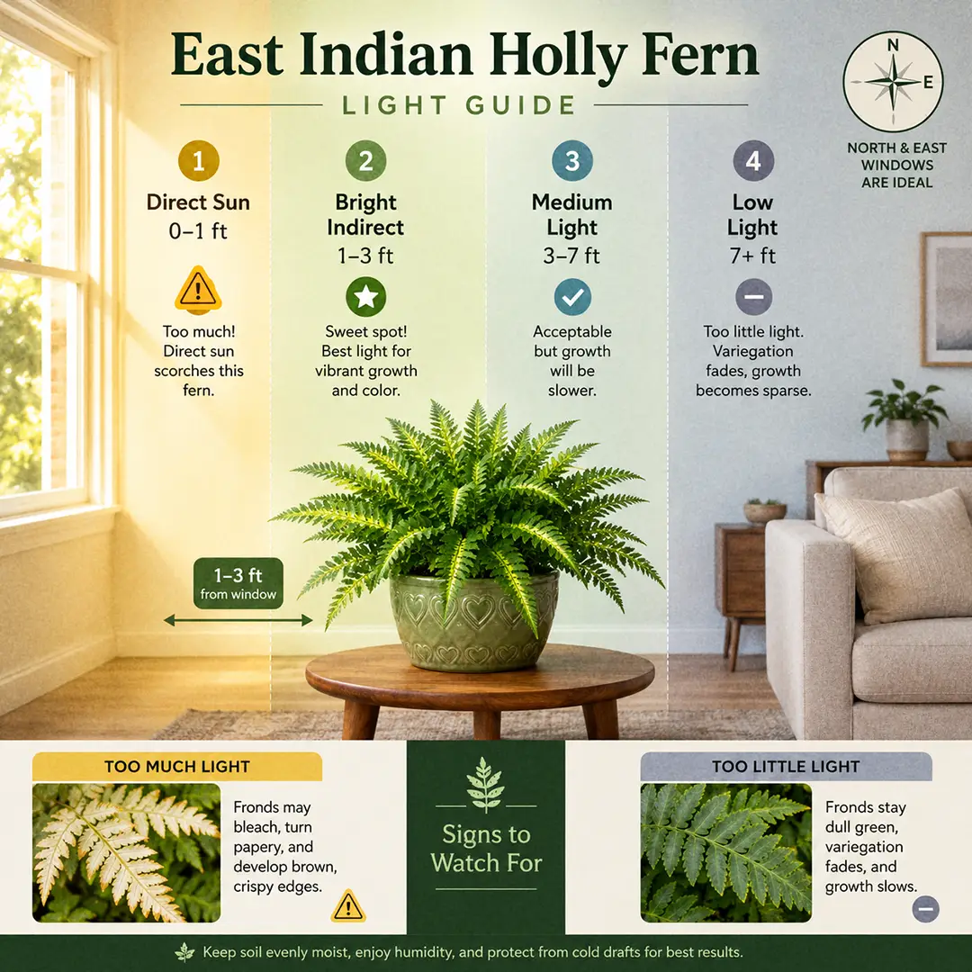 A labeled square light-zone diagram showing an East Indian Holly Fern in a green ceramic pot with a heart motif placed in its sweet spot on a low table one to three feet from a north or east window, with color-washed zones marking direct sun, bright indirect, medium and low light, a compass icon flagging N and E as ideal, and two small thumbnails comparing a bleached scorched frond from too much sun with a dull green frond whose yellow stripe has faded from too little light