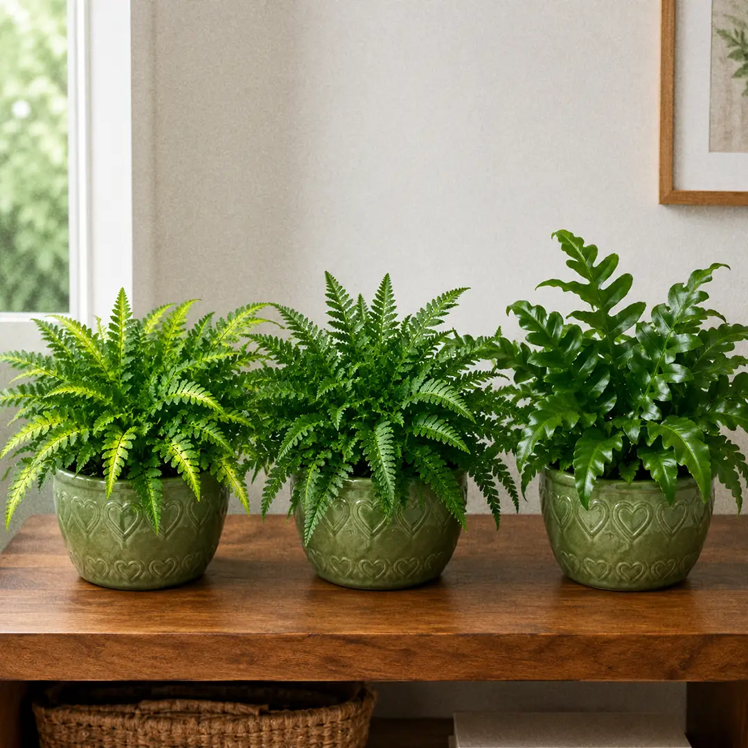 Three ferns side by side in matching green ceramic pots with heart motifs on a wooden shelf: on the left a variegated East Indian Holly Fern with a bright chartreuse band down each leaflet, in the middle the plain green species form with identical leaf shape but no stripe, and on the right a true Holly Fern with much larger glossy holly-shaped leaflets