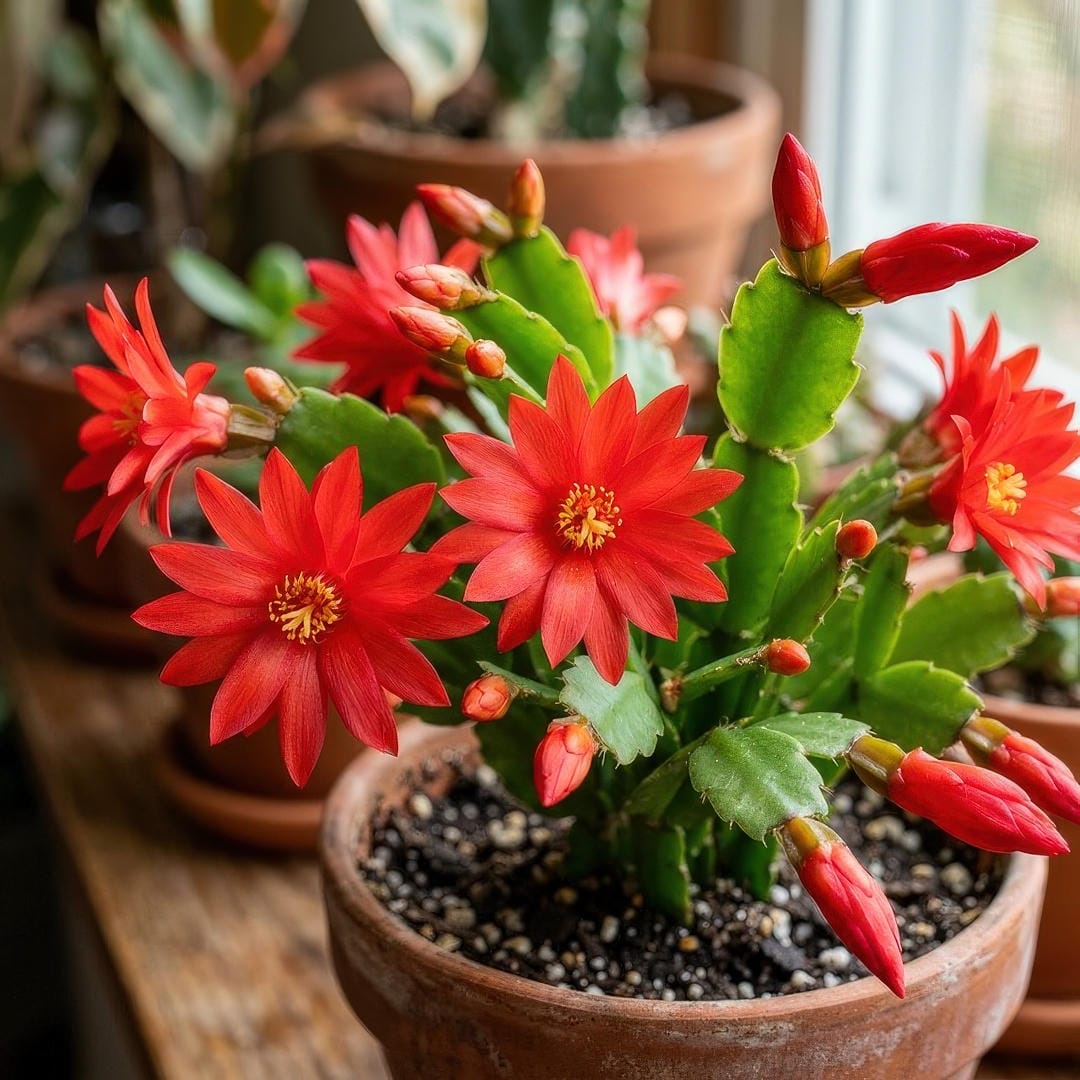 Easter Cactus in full bloom with vivid scarlet-red star-shaped daisy-like flowers opening flat at the tips of bright green stem segments