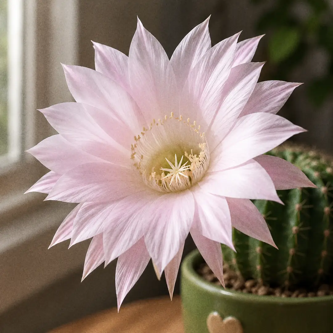 A close-up of a single huge pale pink funnel-shaped Easter Lily Cactus flower fully open on a long tube, showing the lily-like petals and pale stamens against the green ribbed body