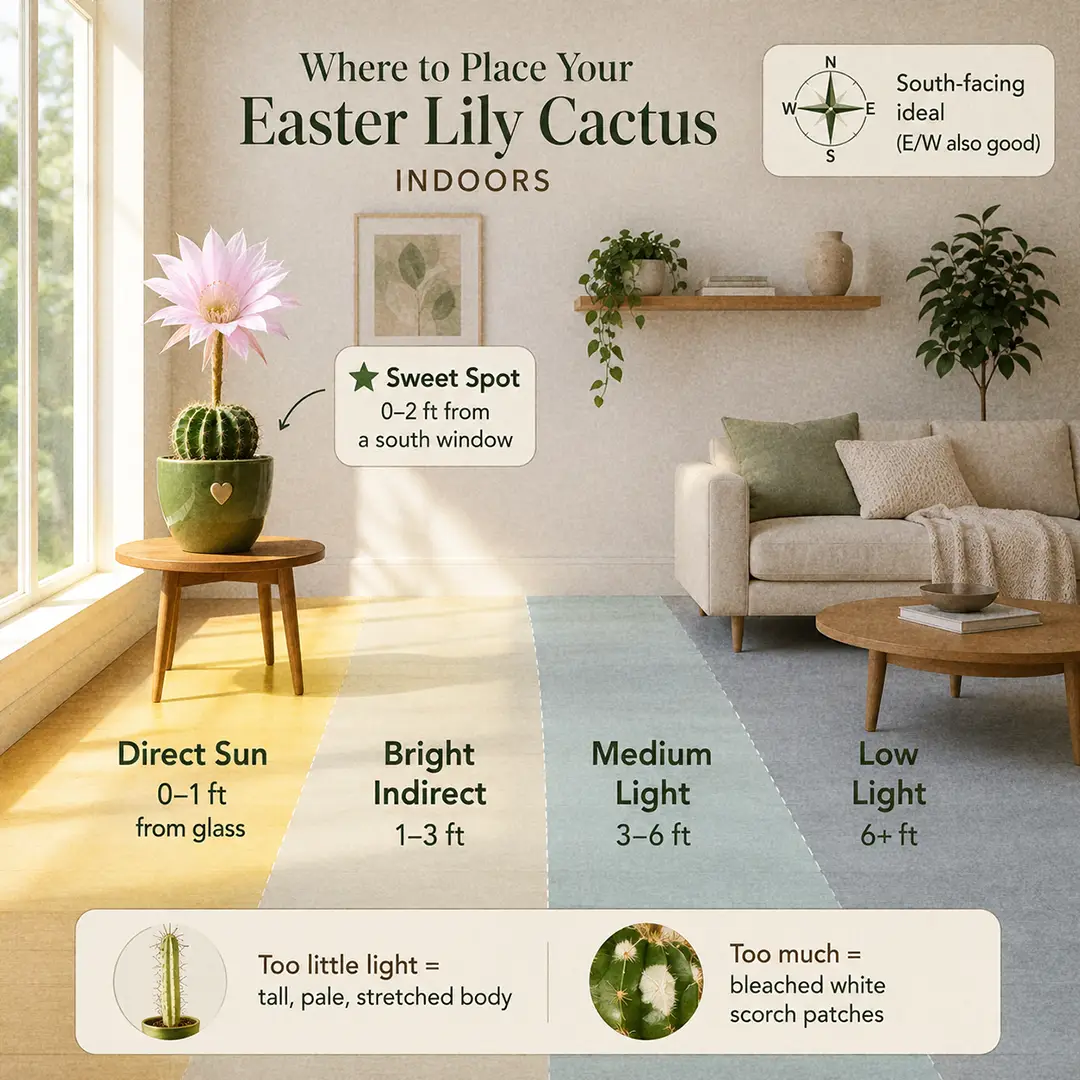 A labeled light guide diagram showing where to place an Easter Lily Cactus indoors relative to a sunny south-facing window, with direct sun and bright indirect zones marked and a sweet spot highlighted