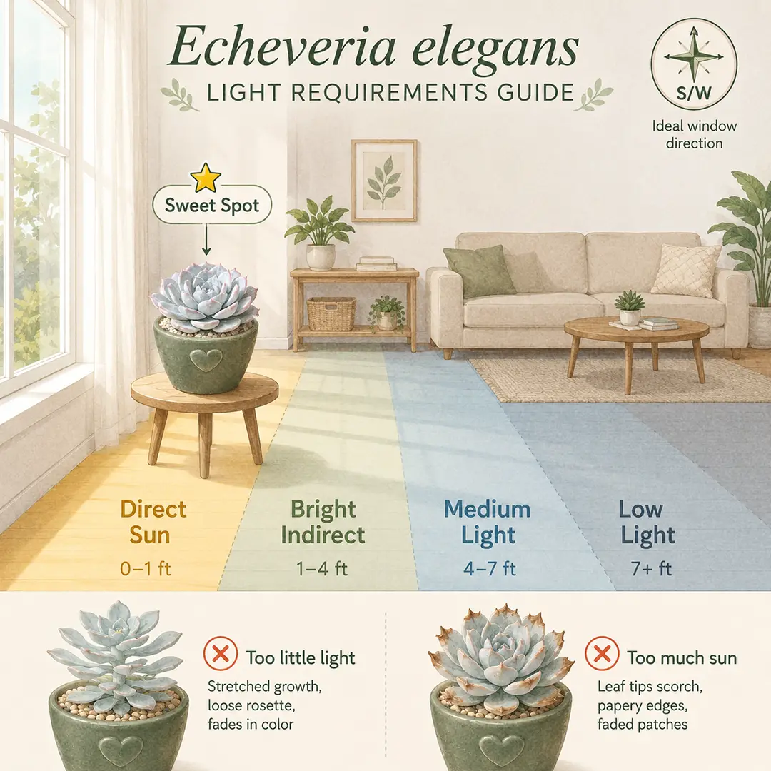 A labeled square light-zone diagram showing an Echeveria elegans placed in the sweet spot one foot from a south-facing window, with sweet-spot, too-dark, and too-bright zones color-washed, a small compass marking south, and tiny side icons warning about stretching from low light and scorched leaf tips in midsummer sun