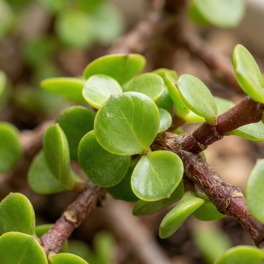 Extreme close-up macro photograph of Elephant Bush showing the small round fleshy glossy green coin-shaped succulent leaves in incredible detail and the reddish-brown woody bark of the stems